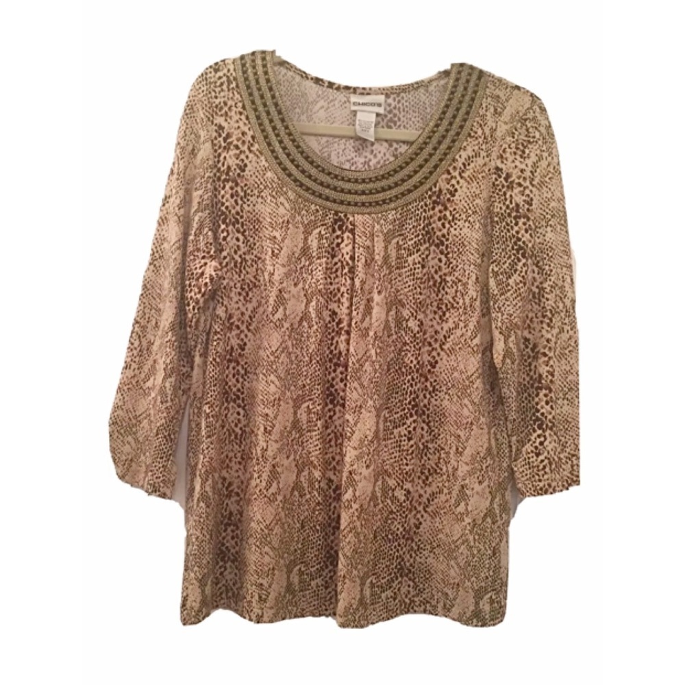 CHICO'S Sz 2 Embellished Beaded Snakeskin Blouse
